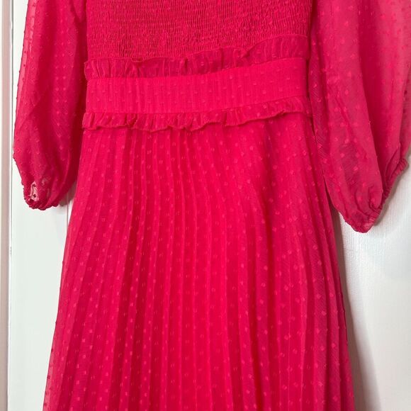 ASOS DESIGN Textured Pleated Shirred Midi Dress Hot Pink size 0 Smocked - Picture 8 of 11